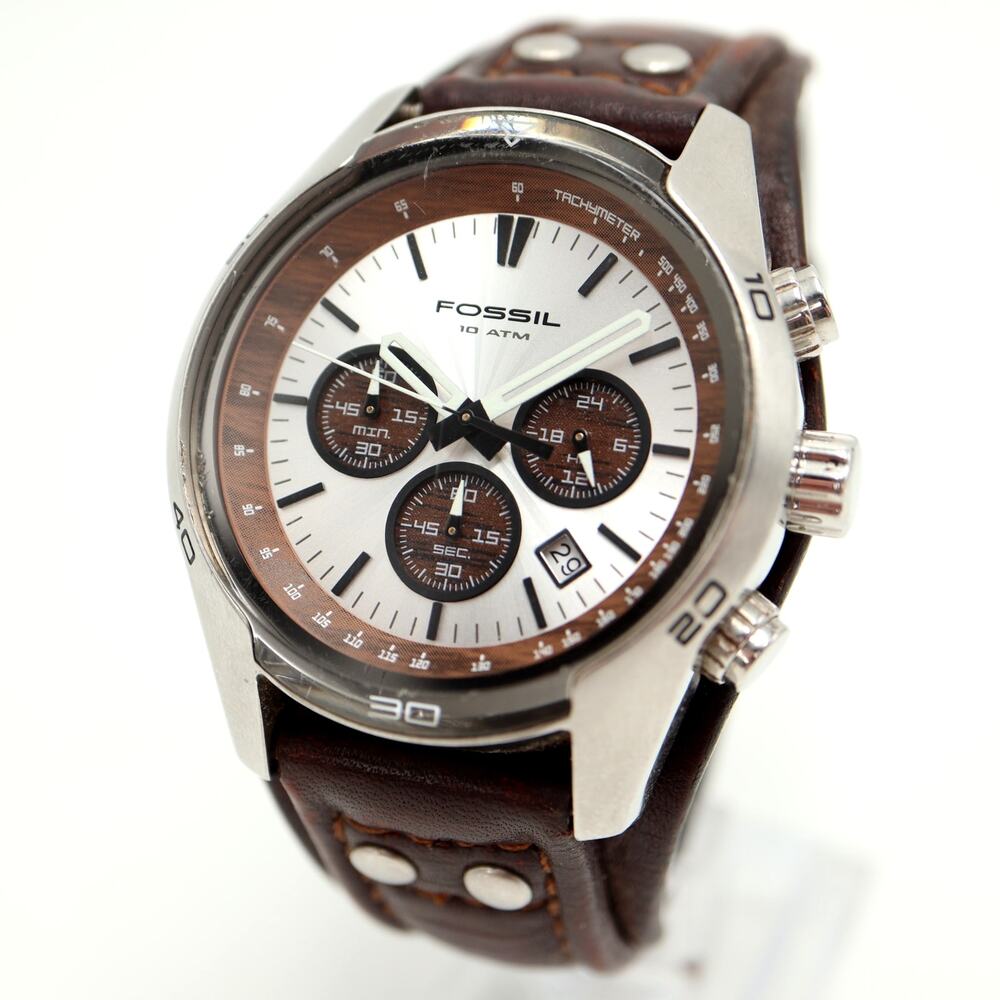 Fossil Coachman Mens Brown 45mm Watch Date Wood Grain Leather Cuff w New Battery